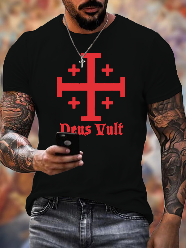 Classic Cotton Tee - Jerusalem Cross Deus Vult