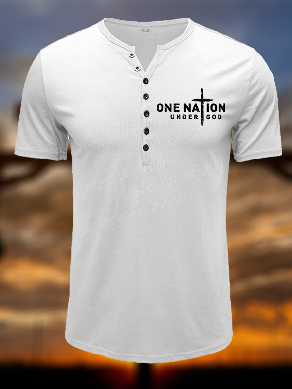 One Nation Under God Cross Christian Henley T Shirt