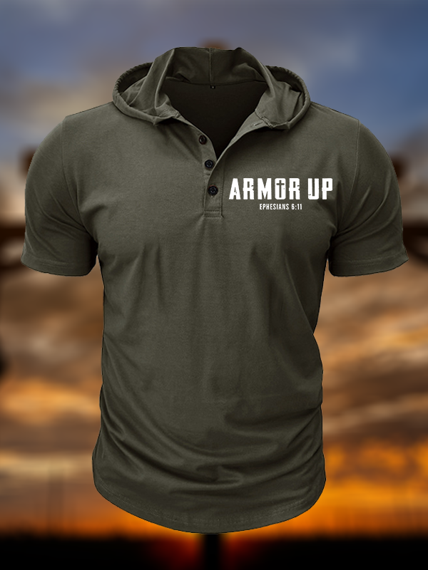 Armor Up Christian Hooded Henley T Shirt