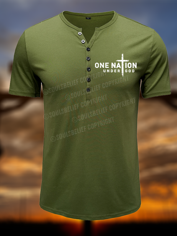 One Nation Under God Cross Christian Henley T Shirt