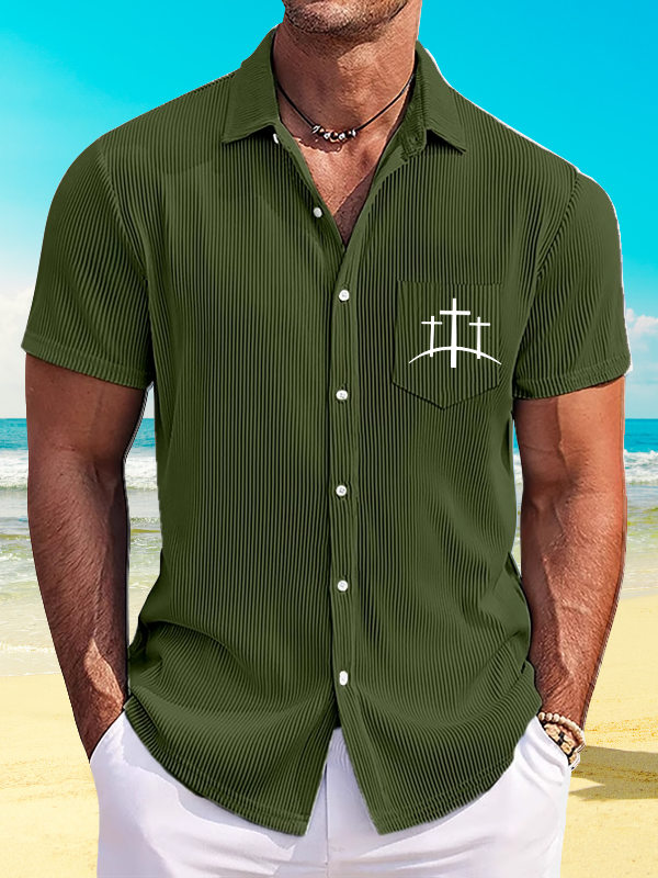 Cross Printed Christian Striped Short-Sleeved Shirt