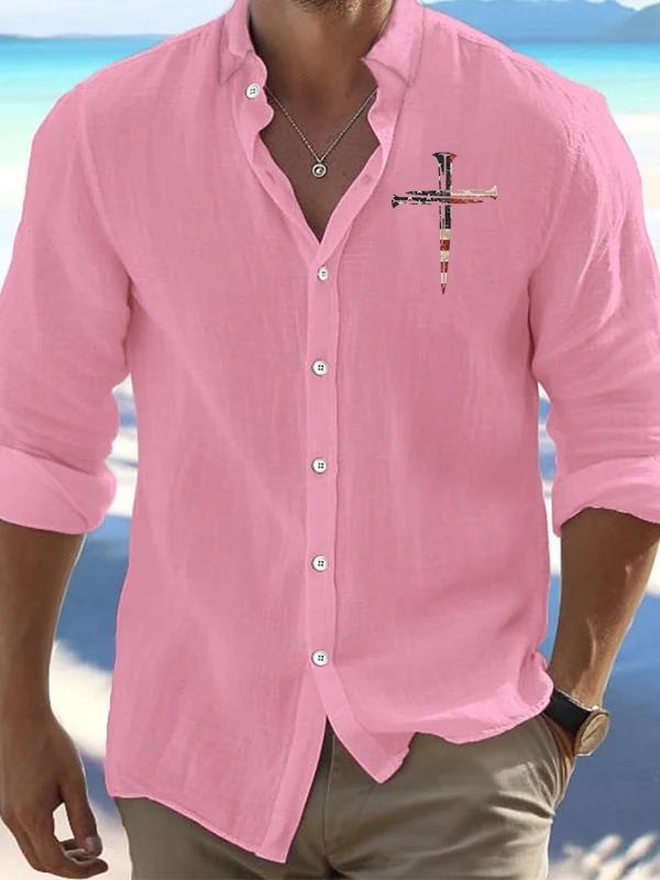 Men's Flag Cross Print  Simple Resort Casual Shirt