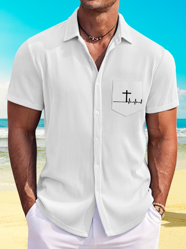 ECG Cross Printed Christian Striped Short-Sleeved Shirt