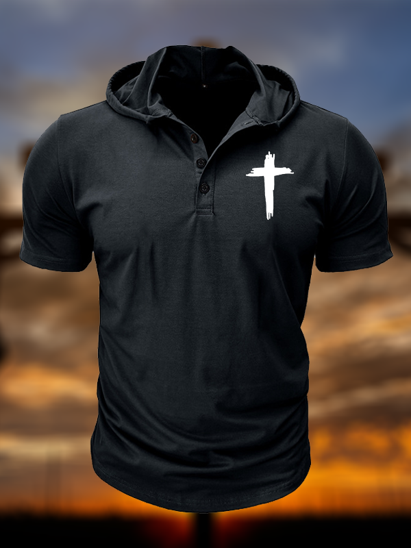 Cross Printed Hooded Henley T Shirt