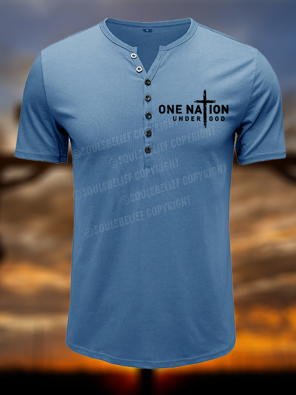 One Nation Under God Cross Christian Henley T Shirt