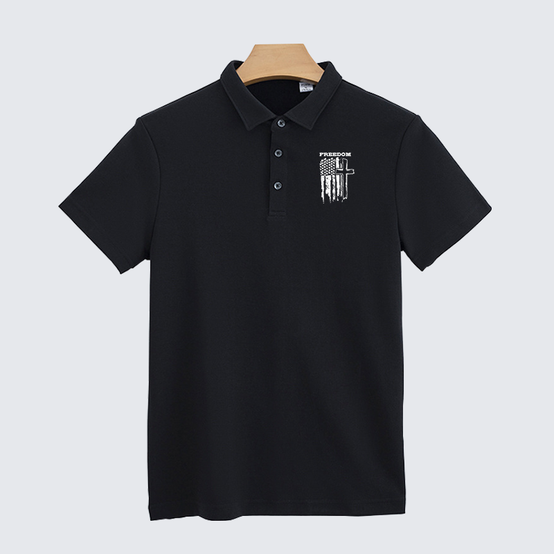 Freedom Cross Vertical Flag Christian Cotton Short Sleeve Polo Shirt