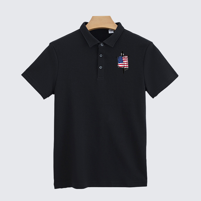 Faith Flag Cross Christian Cotton Short Sleeve Polo Shirt