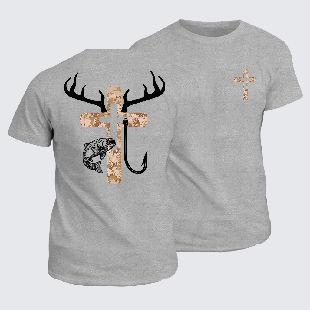 Classic Cotton Tee - Hunting Fishing Faith Deer Antlers Cross