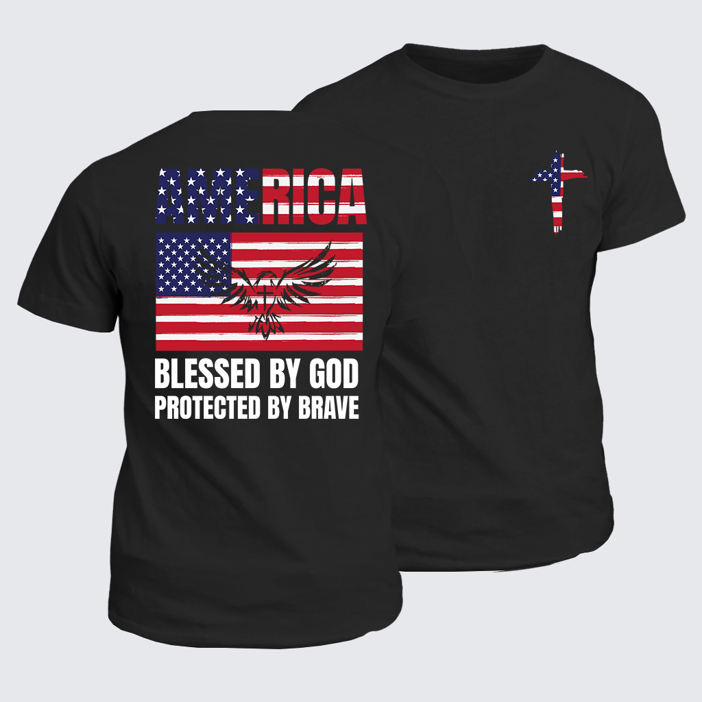 Classic Cotton Tee - America Blessed By God Protected By Brave Flag Cross