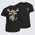 Classic Cotton Tee - Hunting Fishing Faith Deer Antlers Cross