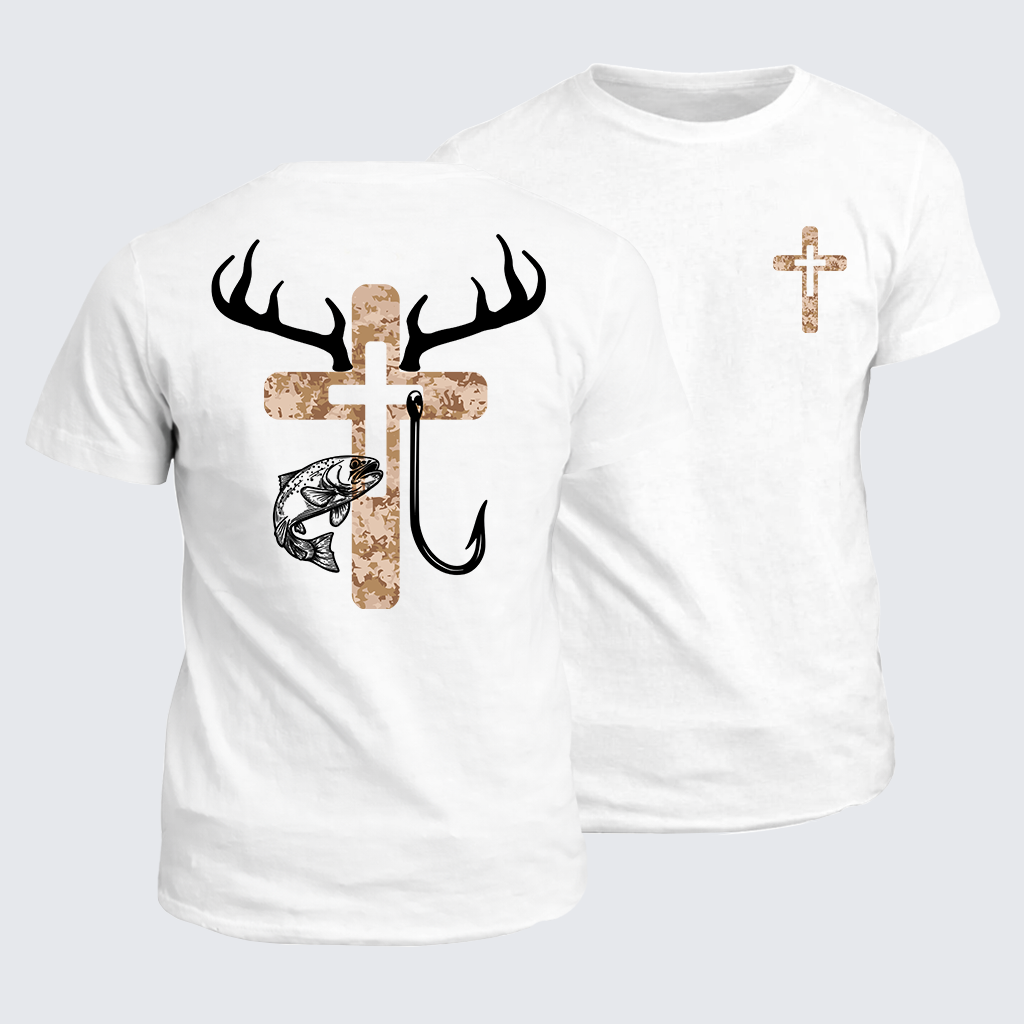 Classic Cotton Tee - Hunting Fishing Faith Deer Antlers Cross
