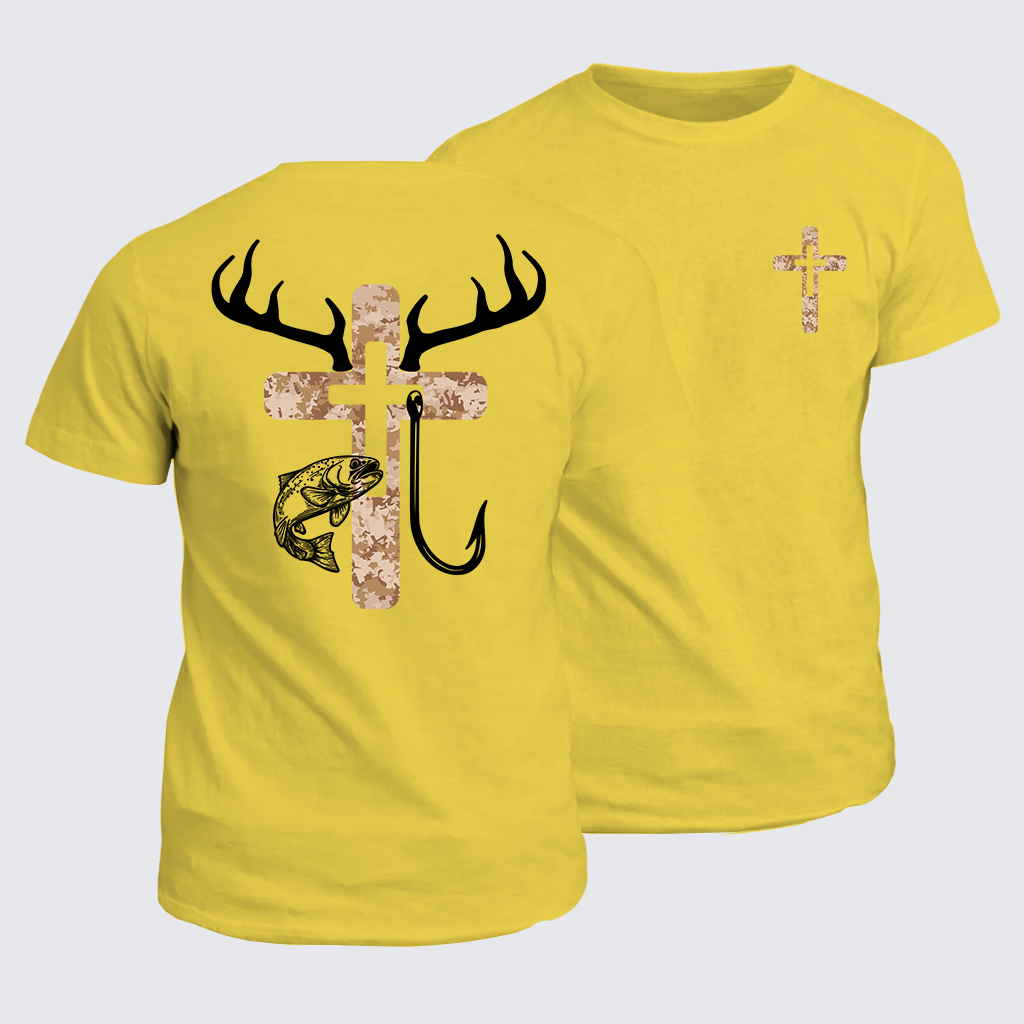 Classic Cotton Tee - Hunting Fishing Faith Deer Antlers Cross