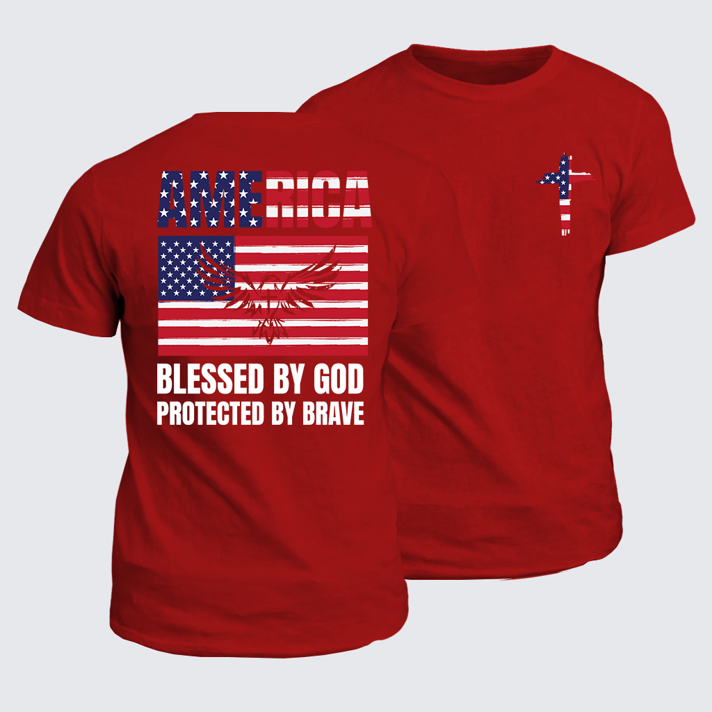 Classic Cotton Tee - America Blessed By God Protected By Brave Flag Cross