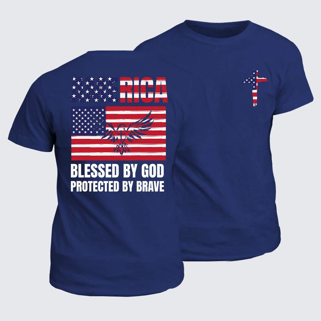 Classic Cotton Tee - America Blessed By God Protected By Brave Flag Cross