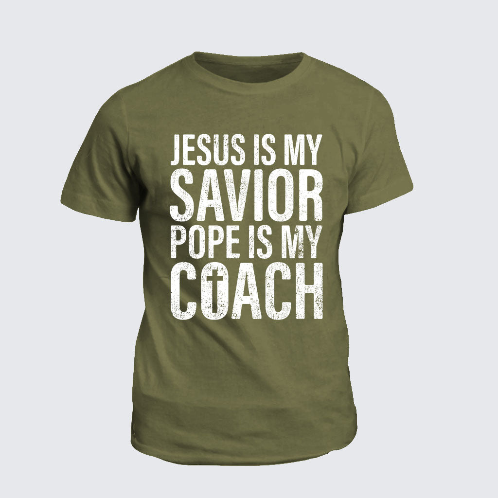 Classic Cotton Tee -  Jesus Is My Savior Pope Is My Coach