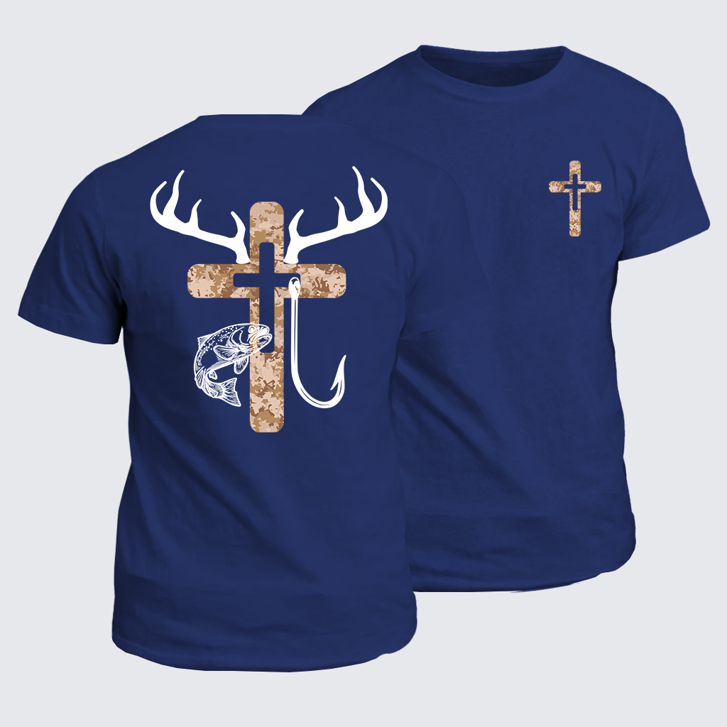 Classic Cotton Tee - Hunting Fishing Faith Deer Antlers Cross