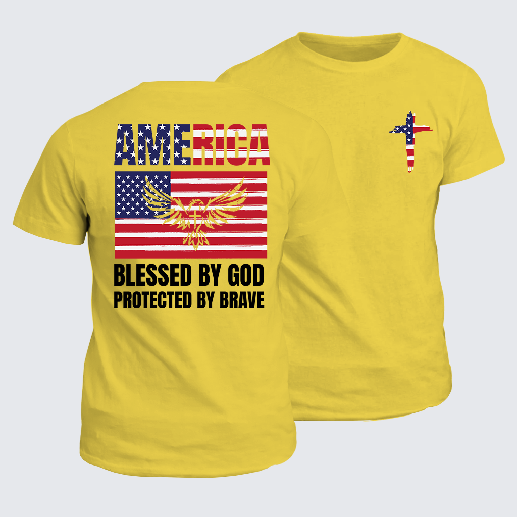 Classic Cotton Tee - America Blessed By God Protected By Brave Flag Cross