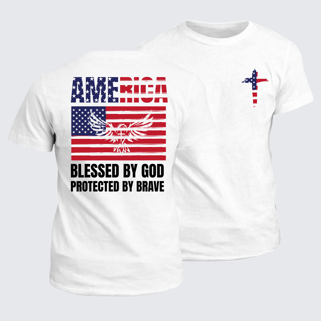 Classic Cotton Tee - America Blessed By God Protected By Brave Flag Cross