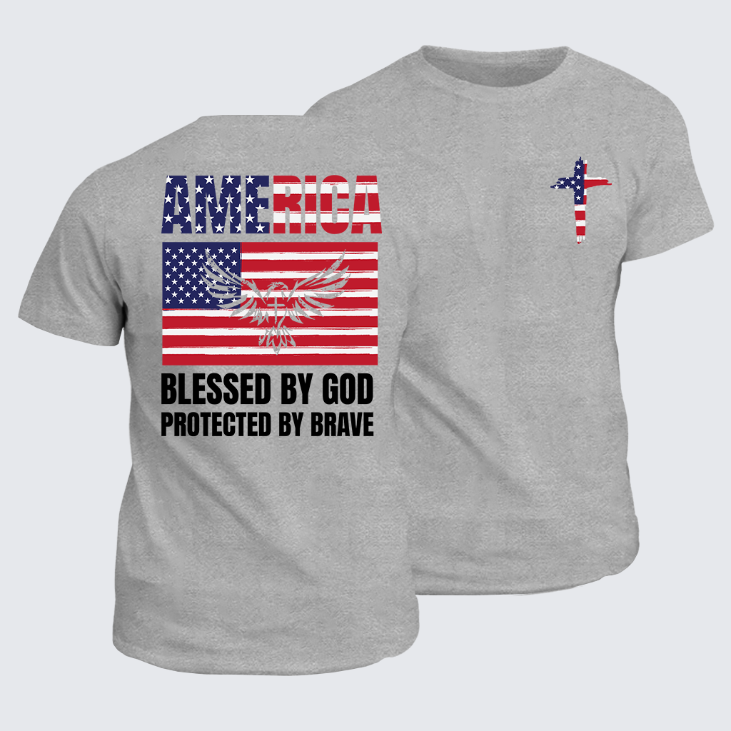 Classic Cotton Tee - America Blessed By God Protected By Brave Flag Cross