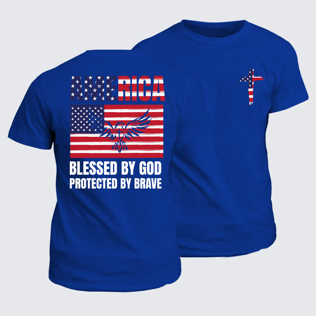 Classic Cotton Tee - America Blessed By God Protected By Brave Flag Cross