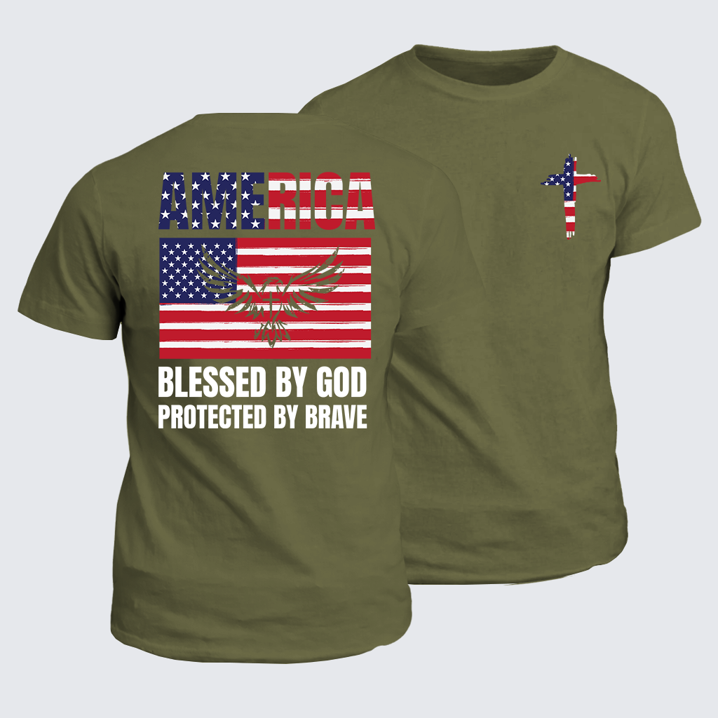 Classic Cotton Tee - America Blessed By God Protected By Brave Flag Cross