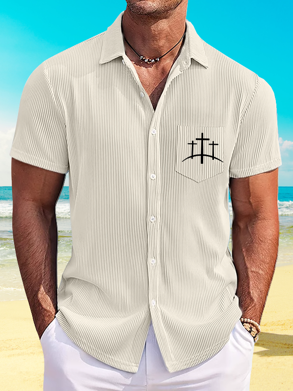 Cross Printed Christian Striped Short-Sleeved Shirt