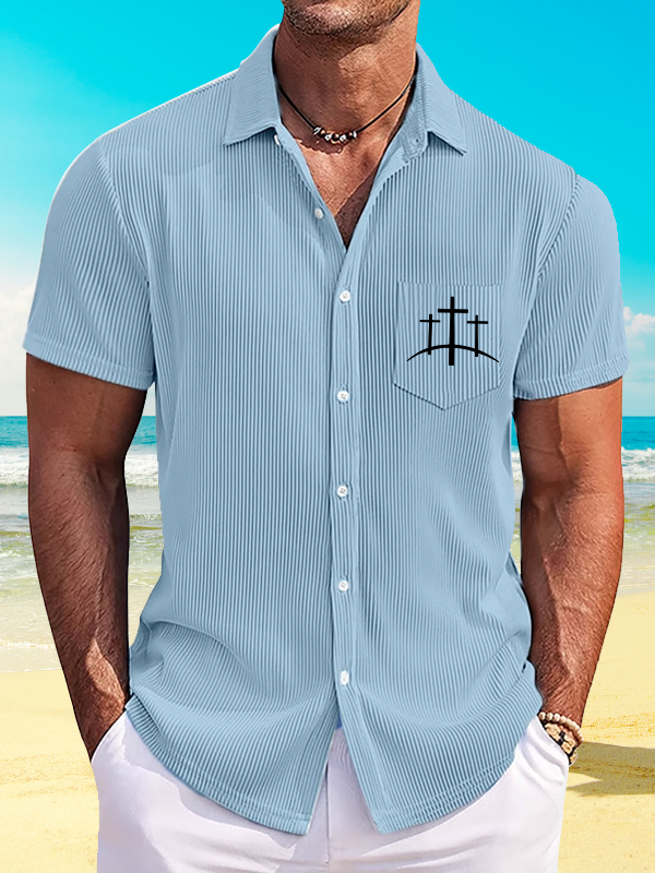 Cross Printed Christian Striped Short-Sleeved Shirt