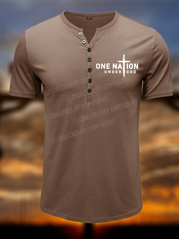 One Nation Under God Cross Christian Henley T Shirt