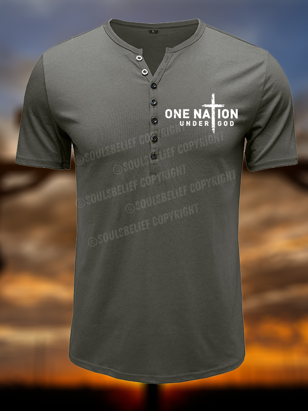 One Nation Under God Cross Christian Henley T Shirt