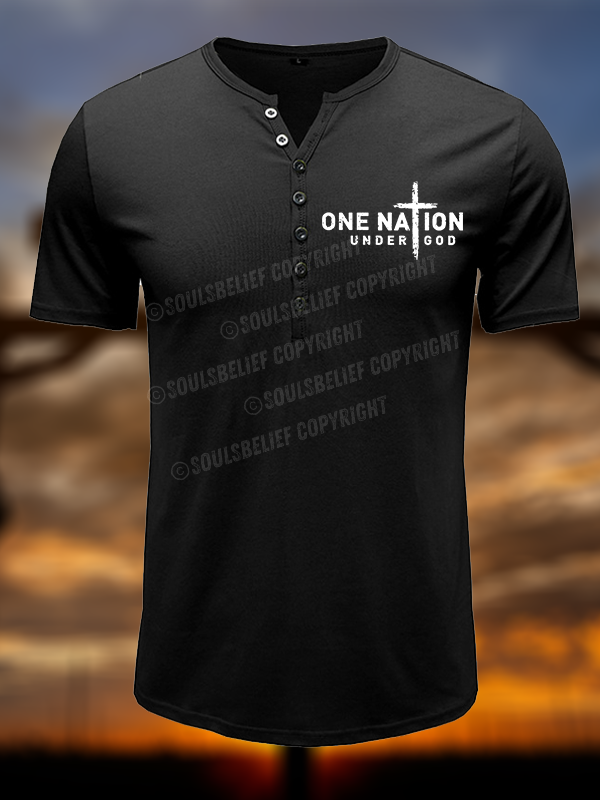 One Nation Under God Cross Christian Henley T Shirt