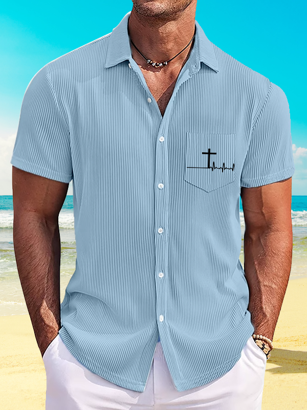 ECG Cross Printed Christian Striped Short-Sleeved Shirt