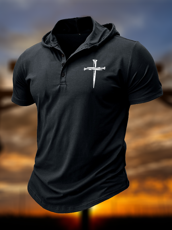 Cross Printed Hooded Henley T Shirt