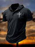 Cross Printed Hooded Henley T Shirt