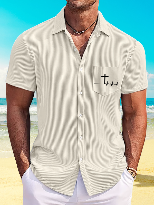 ECG Cross Printed Christian Striped Short-Sleeved Shirt
